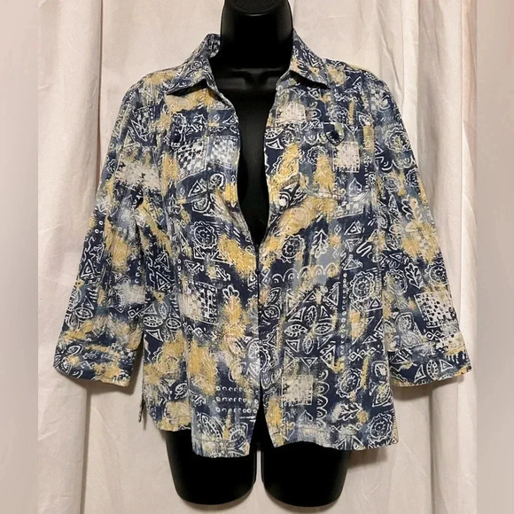 Christopher & Banks Blue/Yellow Zip Up Jacket 3/4 Sleeve Stretch Woman's Sz M - Picture 4 of 7